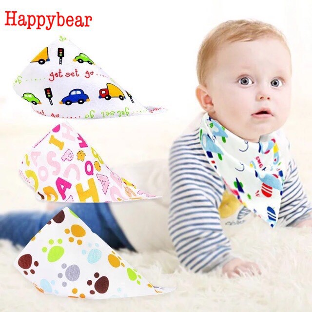 Khăn tam giác cho bé HAPPY BEAR - Khăn yếm tam giác cotton có cúc bấm Xuất Nhật