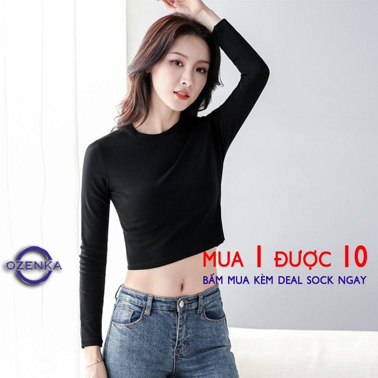 Áo croptop tay dài ôm nữ đen trắng thun gân OZENKA , áo thun crt body 100% cotton free size 40 đến 55 kg CRT 263