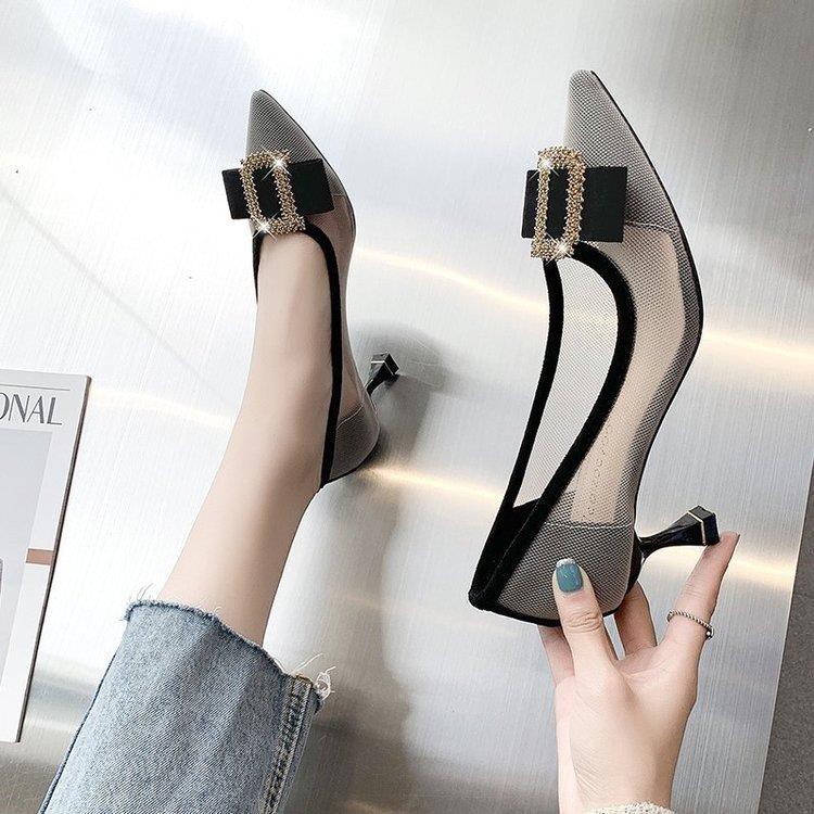 ♨Mesh Pointed High Heels Female Breathable Korean Metal Square Buckle Rhinestone Fashion Single Stiletto 2021 Spring/Summer New Style