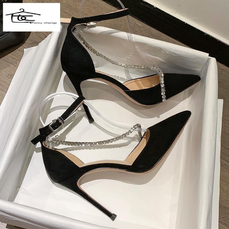 Giày Cao Gót 2022 Màu Đen Đính Đá Trang Trí Sang Trọng Thời Trang Xuân Thu Cho Nữ