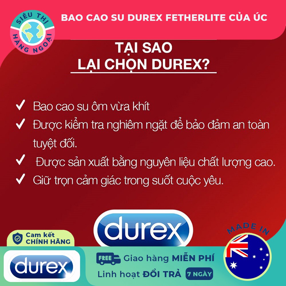 Bao Cao Su Durex Fetherlite Siêu Mỏng (Hộp 30 Chiếc) Hàng ÚC (Siêu Thị Hàng Ngoại)
