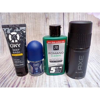Set 4 món: 1 dầu gội hoặc sữa tắm Romano 60g +1Lăn khử mùi Nivea 12ml + 1 Xịt khử mùi 50ml + 1 Sữa rửa mặt 15g/25g