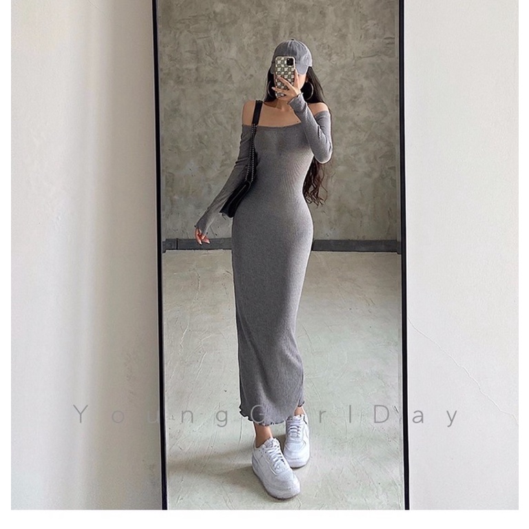 Váy đầm trễ bẹt vai ôm body tay dài đầm dáng dài maxi len mỏng