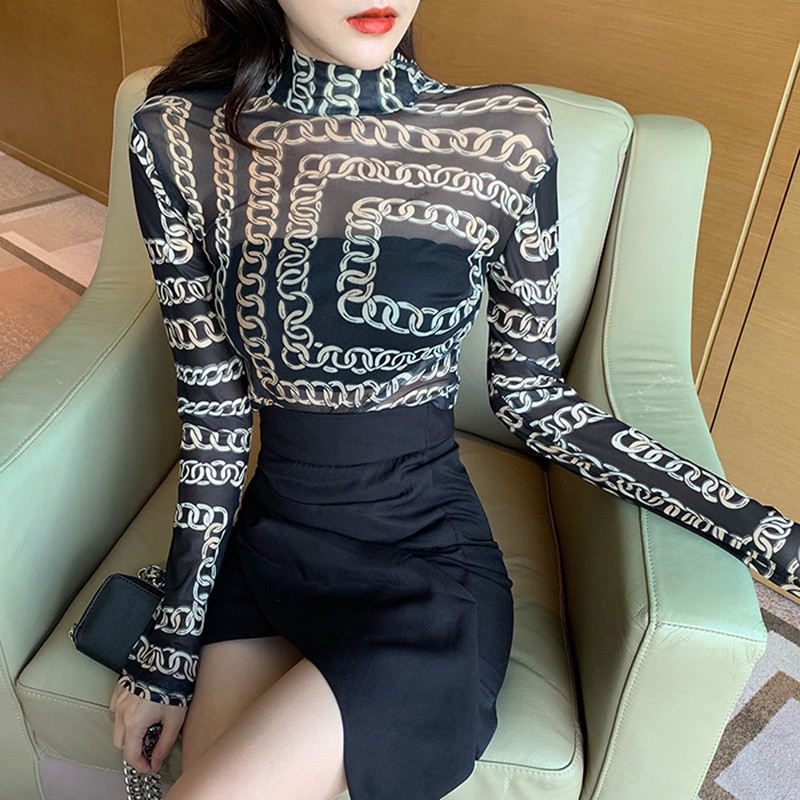 Áo thun lưới dài tay họa tiết hoa phong cách Hàn Quốc thời trang nữ