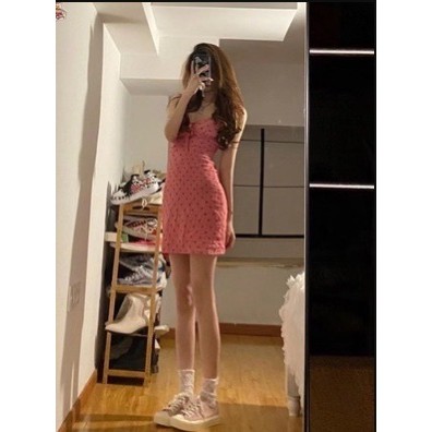 *SẴN SIZE L*   FREESHIP VÁY 2 DÂY CHẤT THUN MỊN ÔM BODY hoạ tiết trái tim thêu 👗