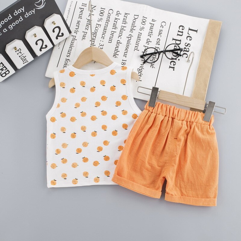 Kids Printing Sleeveless T-Shirts & Solid Shorts New Summer Clothing Set Baby Boys Girls Casual Outfit