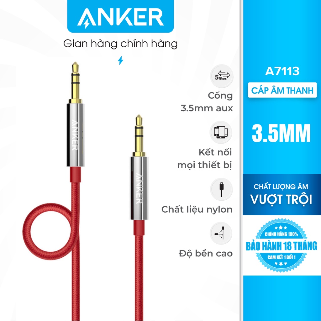 Cáp âm thanh bọc nylon ANKER 3.5mm dài 1.2m - A7113
