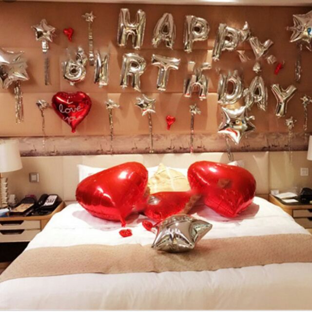 SET bóng HAPPY BIRTHDAY TIM ĐỎ trang trí  sinh  nhật