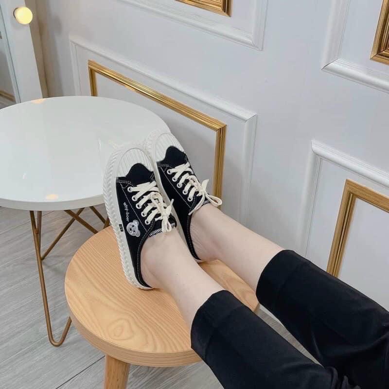 Dép sục nữ  giày đạp gót độn đế hoạ tiết gấu