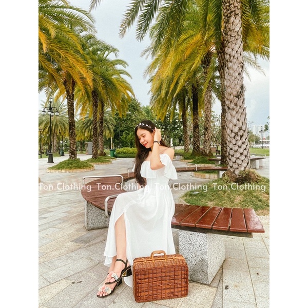 Maxi đi biển nữ Ton.Clothing maxi bẹt vai vải mịn mát họa tiết đẹp 2 lớp dễ thương xinh xắn màu trắng MAXI008