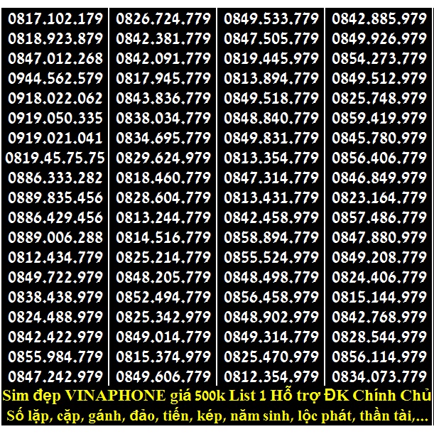 SIM ĐẸP VINA ĐỒNG GIÁ 500k LIST 1 HỖ TRỢ ĐĂNG KÝ CHÍNH CHỦ MIỄN PHÍ ĐƯỢC HƯỞNG NHIỀU GÓI KHUYÊN MÃI CỦA MẠNG VINAPHONE