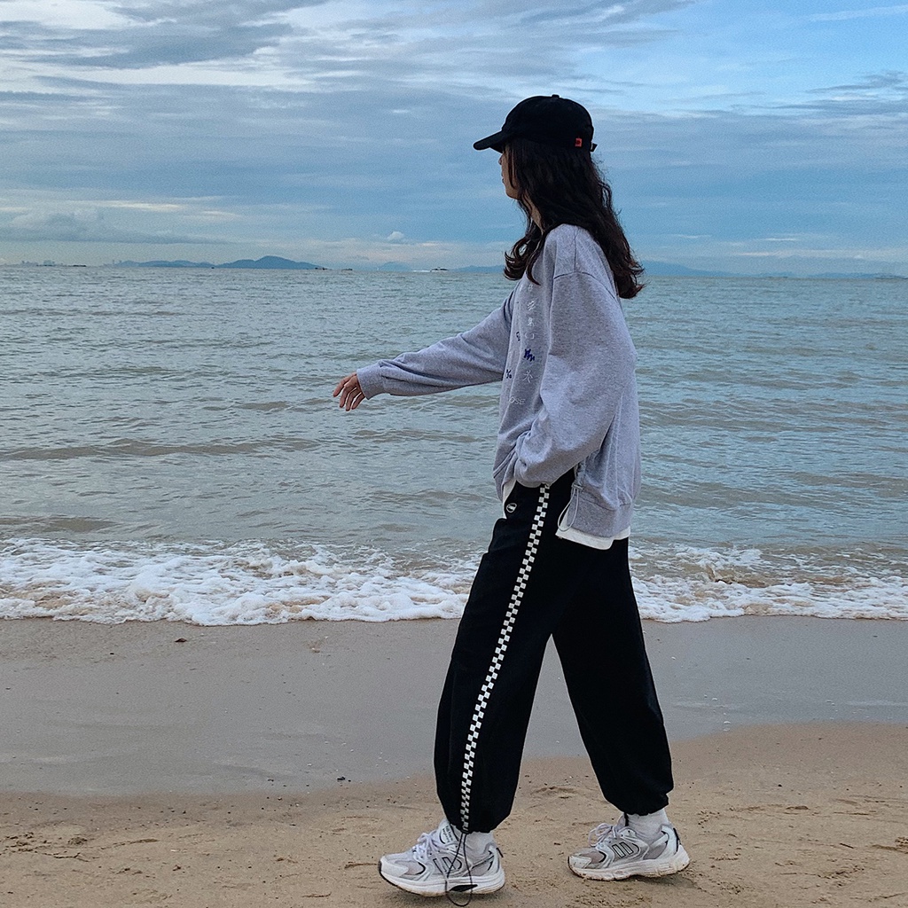 Quần Dài Lưng Cao Ống Rộng Họa Tiết Sọc Caro Phối Dây Rút Phong Cách Hàn Quốc Thời Trang Cho Nữ