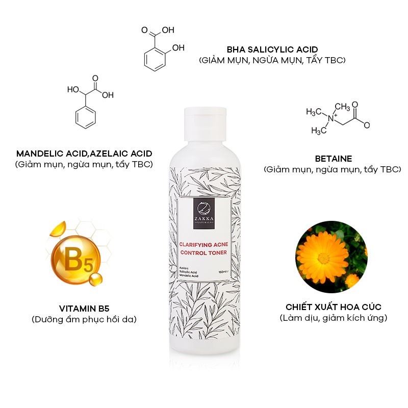 Toner Mandelic Zakka Naturals Ngừa Mụn, Làm Sạch Sâu, Kiềm Dầu Giảm Nhờn Clarifying Acne Control Toner 150ml | BigBuy360 - bigbuy360.vn