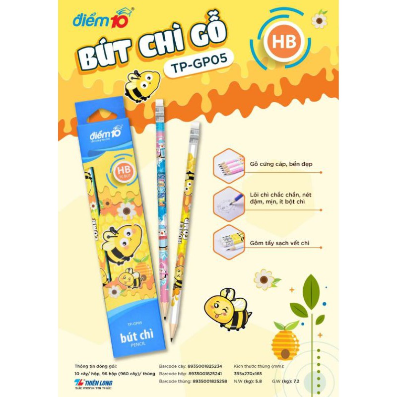 Bút Chì Gỗ Điểm 10 TP-GP05 (Hộp 10 cây) - Độ Cứng HB