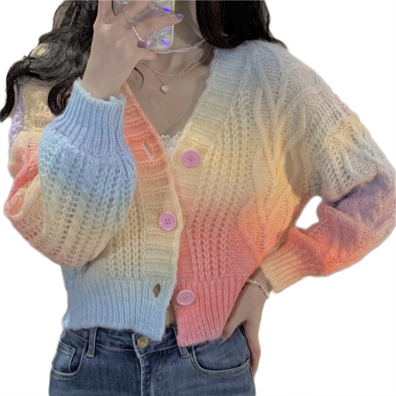 Áo Khoác Len Cardigan Tay Dài Cài Nút Màu Cầu Vồng Thời Trang Mùa Thu Cho Bạn Gái