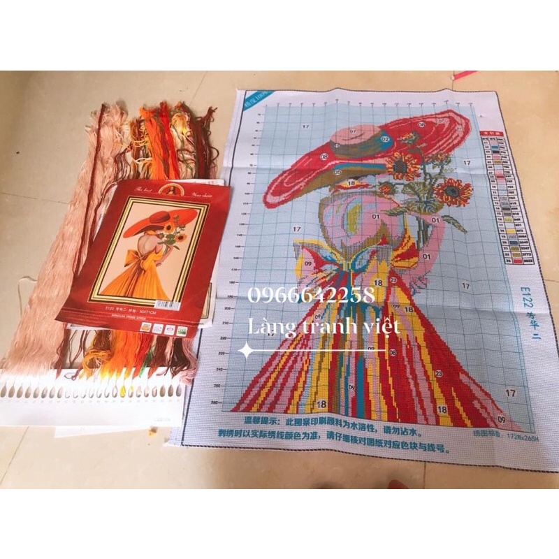 Tranh thêu chữ thập cô gái và hoa hướng dương E123! kích thước 50x71cm