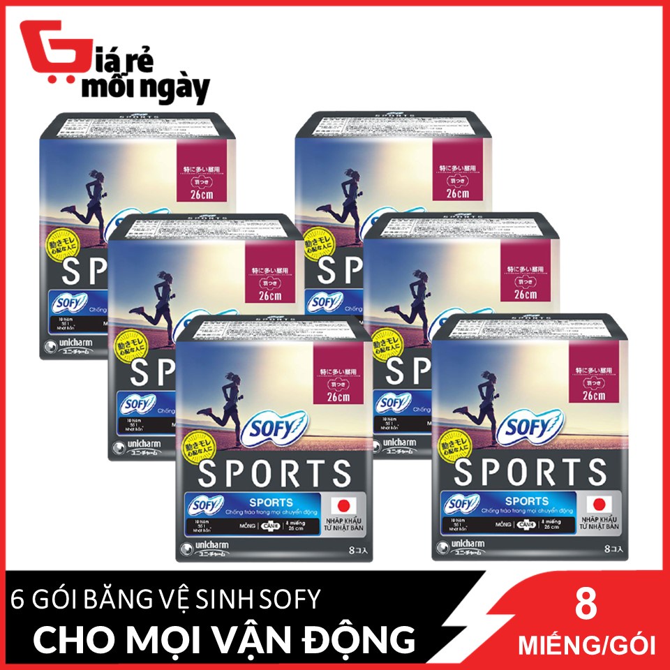 Combo 6 Băng Vệ Sinh Sofy Sports 26 Cm Chống Trào Trong Mọi Chuyển Động 8 Miếngx6