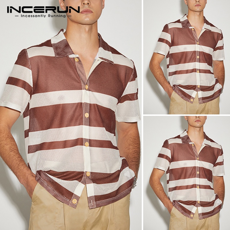 INCERUN Áo Sơ Mi Tay Ngắn Họa Tiết Kẻ Sọc Nhiều Màu Sắc Thiết Kế Thoải Mái Thời Trang Cho Nam
