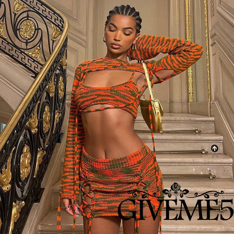 Set áo croptop + chân váy + áo khoác phong cách retro quyến rũ cho nữ