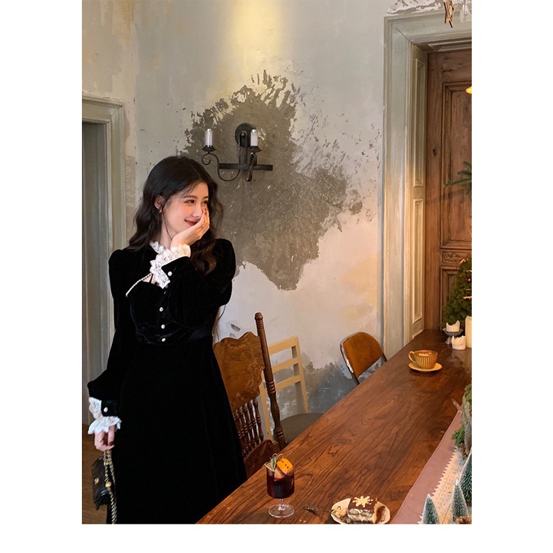 Váy nhung đen cổ tàu phối ren sexy buộc dây Vintage hàng Quảng Châu - Dorita Boutique | BigBuy360 - bigbuy360.vn