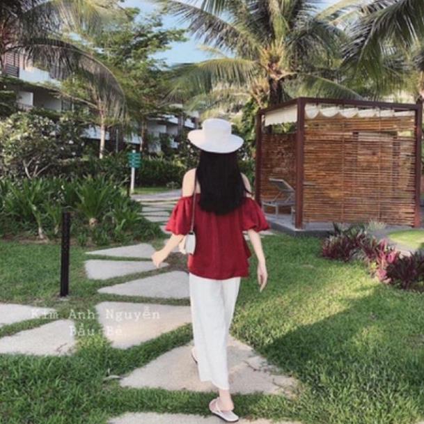 TBO-Video ảnh thật,Sét áo đỏ trễ vai tay rộng mặc 2 kiểu kèm quần trắng ống rộng cực cá tính TASA