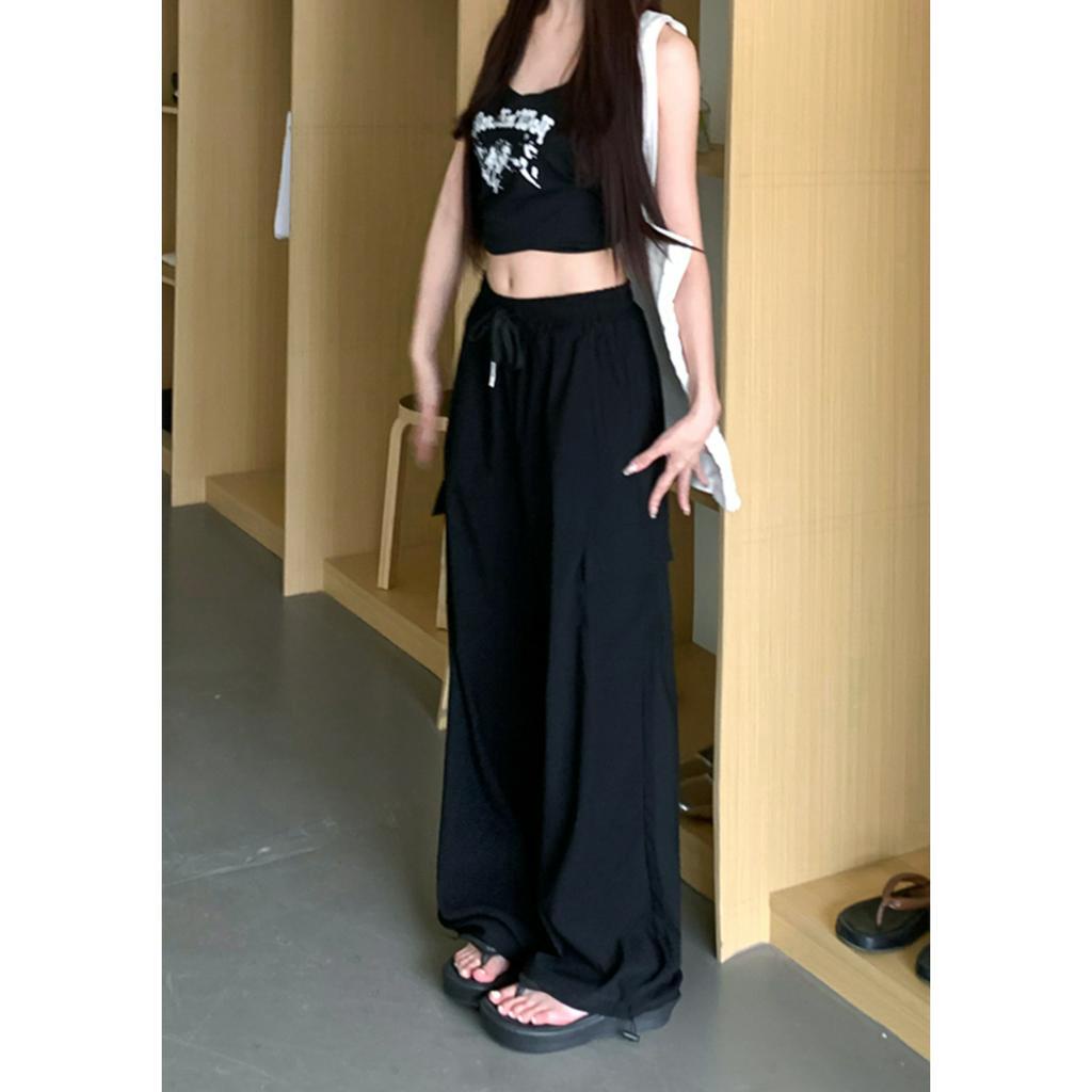 Xiaozhainv Quần Dài Lưng Cao Ống Rộng Phối Dây Rút Phong Cách retro Mỹ Cho Nữ