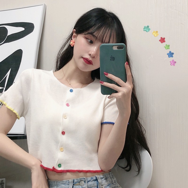 Áo croptop len tăm Maoshop khuy thật ngắn tay ulzzang Hàn Quốc C31 - MaoMao | BigBuy360 - bigbuy360.vn