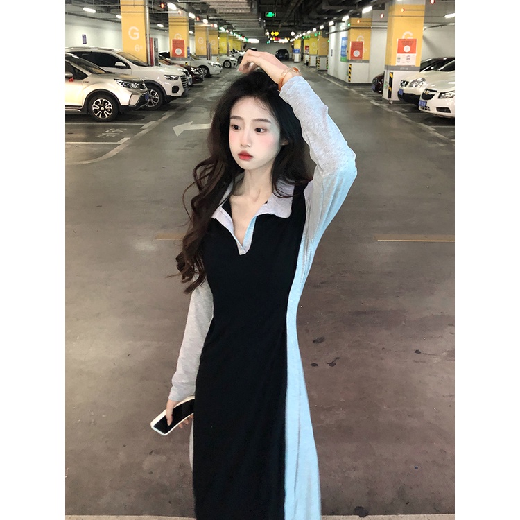 Đầm midi cổ bẻ tay dài ôm eo kết hợp màu sắc tương phản phong cách Mỹ retro thời trang dành cho nữ