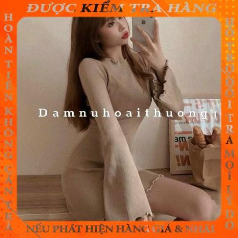 Váy ôm body tay loe / Đầm nữ tay dài tôn dáng sáng da chất xịn co giãn tốt qphat