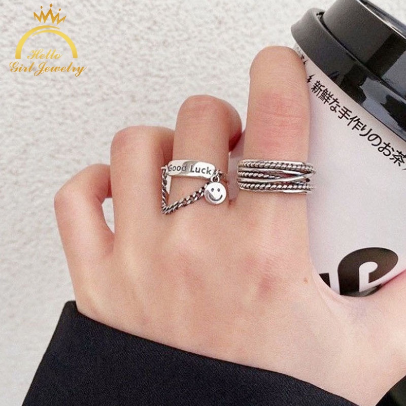Set 2 nhẫn hình mặt cười phối dây xích phong cách hip hop cổ điển cho nữ