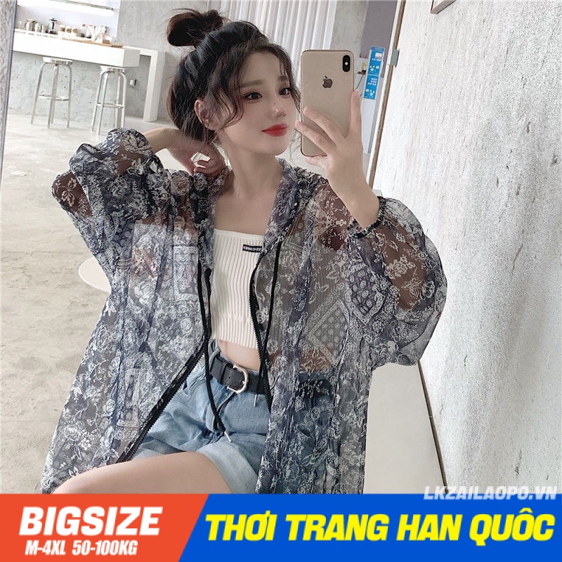 Áo chông nắng nữ Bigsize Áo khoác chông nắng hoodie voan form rộng tay dài thoáng khí Chống tia mùa hè Phong cách hàn quốc cho người mập béo nữ