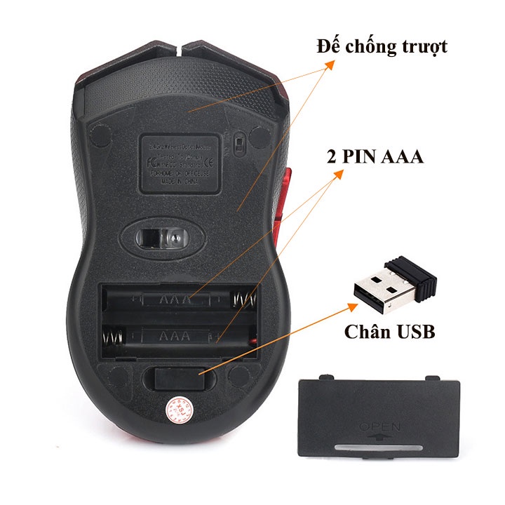 Chuột không dây HXSJ X50 Red/Black có nút trợ năng, điều chỉnh 2400DPI chuyên dùng chơi game, máy tính, laptop, tivi