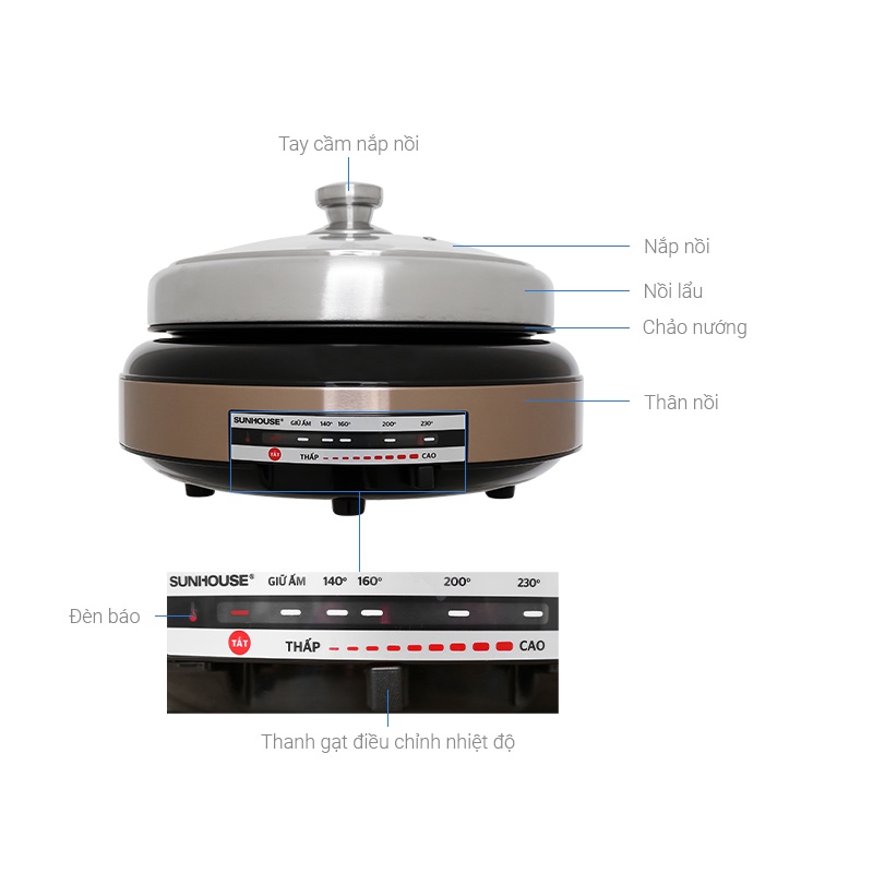 Nồi lẩu điện Sunhouse mini SHD4526, nôi nấu lẩu nướng điện chống dính đa năng 4l nấu canh, hấp, chiên, xào - HAPOS