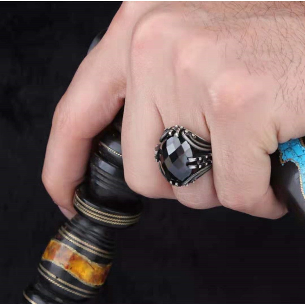 Nhẫn Inox Đen Đính Đá Quý Phong Cách Punk Cho Nam