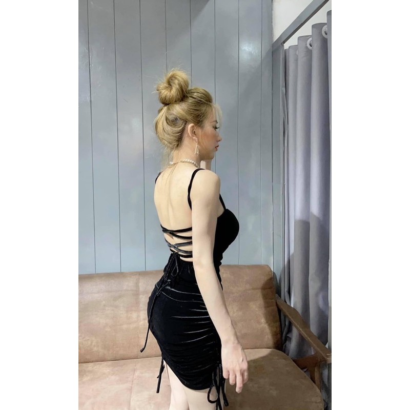 [Mã SKAMA06 giảm 8% tối đa 50K đơn 250K] Đầm nhung đan lưng dây rút 2bên có mút sẵn hình thật sp | BigBuy360 - bigbuy360.vn