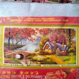 Tranh thêu chữ thập phong cảnh ngôi nhà khi thu sang đẹp nao lòng kt 202*102cm hình thật