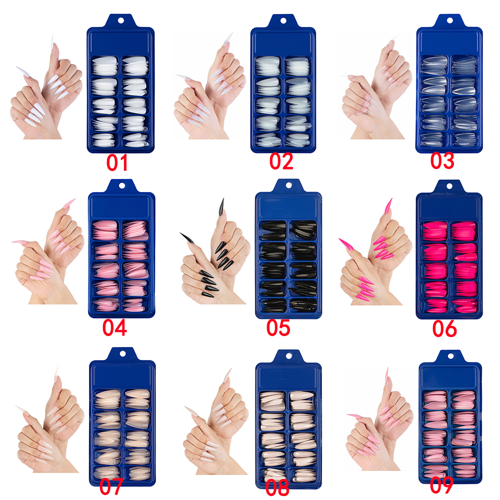 Hộp 100 móng tay giả đầu nhọn dài bằng acrylic DIY 20 màu sắc tùy chọn