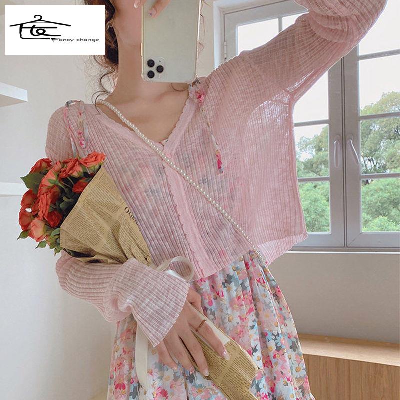 Áo Khoác Cardigan Tay Dài Cổ Chữ V Chất Lụa Mát Mẻ Thời Trang Mùa Hè Cho Nữ