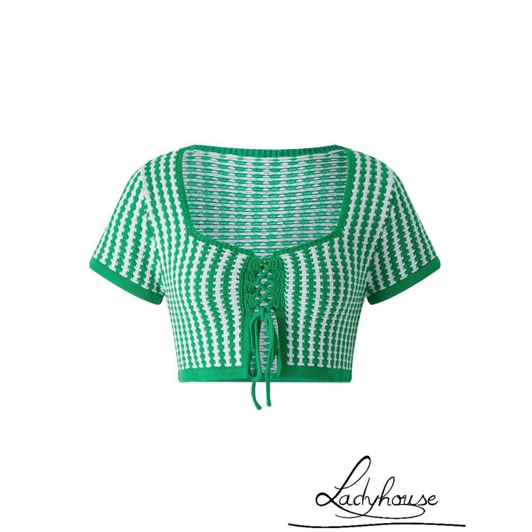 Áo Dệt Kim Tay Ngắn Cổ Vuông In Họa Tiết Kẻ Sọc Có Dây Điều Chỉnh Được Thời Trang Mùa Hè Cho Nữ