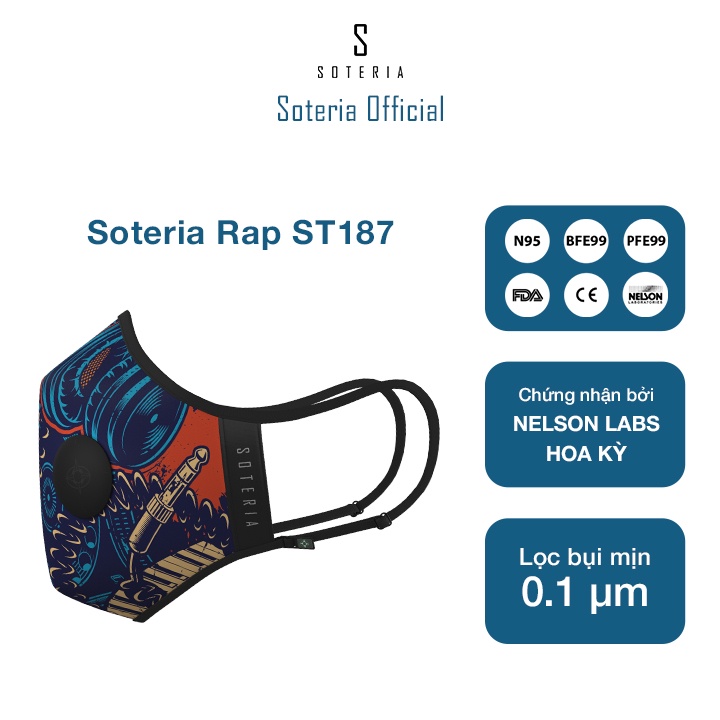 Khẩu trang tiêu chuẩn Quốc Tế SOTERIA Rap ST187 - Bộ lọc N95 BFE PFE 99 lọc đến 99% bụi mịn 0.1 micro- Size S,M,L