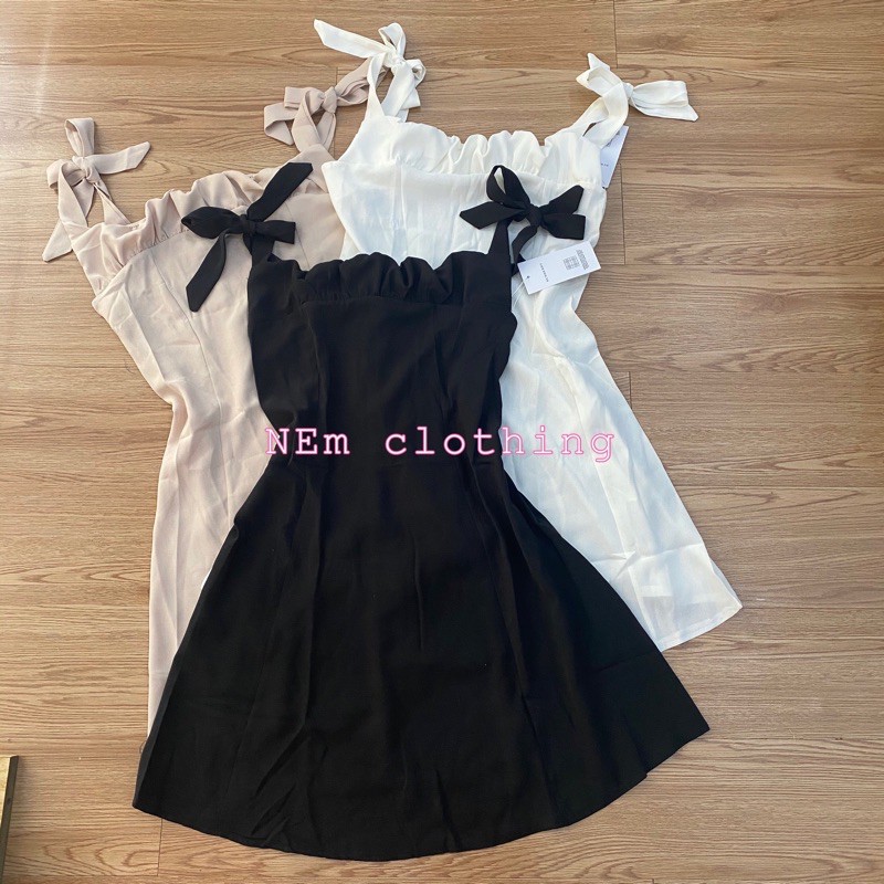 Váy Hai Dây Đũi Bản To Nơ Vai Nhúm Ngực - NEm.Clothing Nữ [FREESHIP] - Đầm nữ suông trơn dáng ngắn kiểu dáng vintage