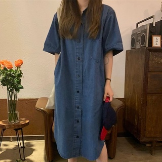 Đầm sơ mi jeans tay ngắn dáng dài hàn quốc