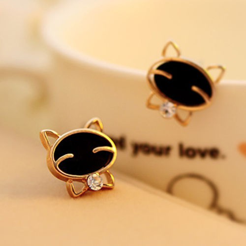 Đôi khuyên tai hình mèo màu đen đính đá nhân tạo thời trang và dễ thương cho nữ