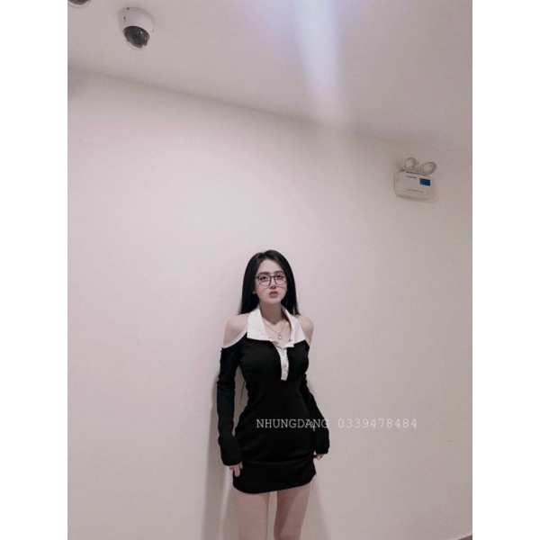 Đầm Thun Ôm Body Kẻ Sọc Ngang Cổ Polo Tay Dài Khoét Hở Vai Dáng Ngắn Sexy | BigBuy360 - bigbuy360.vn