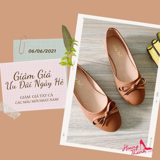 Giày Búp Bê, Giày Đế Bệt Nữ Bít Mũi Nơ Da Mềm Đi Nước Đi Mưa Thoải Mái. Giày Nữ Hoàng Thanh A06 Nâu.