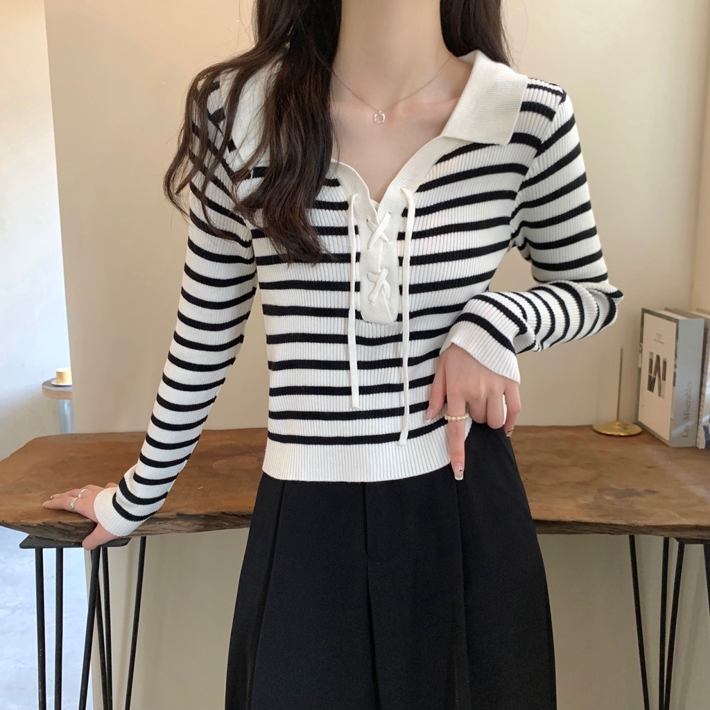 ZHELIHANGFEI Áo Len POLO Tay Dài Thắt Dây Form Ôm Họa Tiết Kẻ Sọc Dễ Phối Đồ