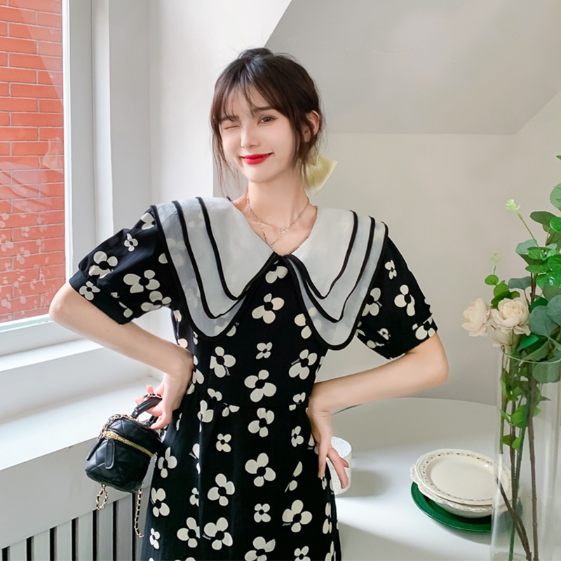 Đầm Perty cổ búp bê họa tiết hoa thời trang mùa hè Hàn Quốc cho nữ