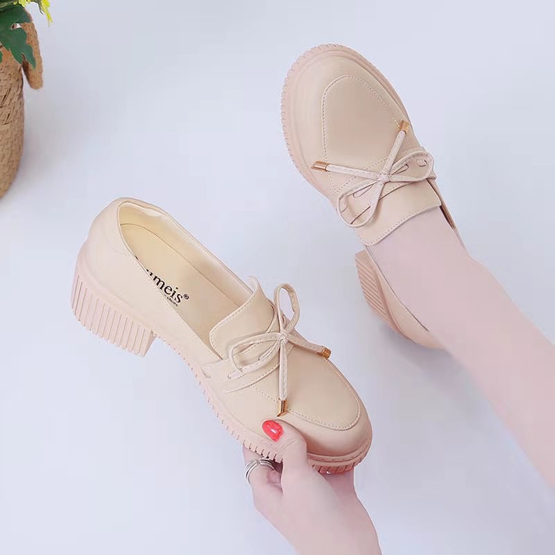 Giày Da Nữ Giày Búp Bê Nữ đính nơ phong cách Nhật Bản đế cao 5P gót vuông