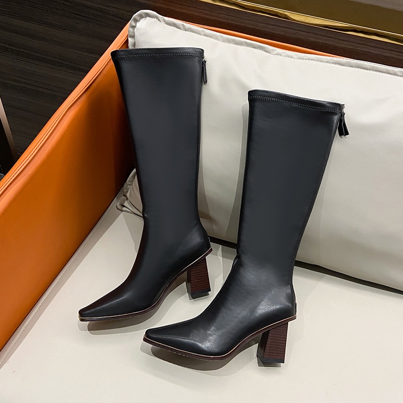 Giày bốt IELGY cao gót mũi nhọn ống cao phối dây kéo sau phong cách Hàn Quốc dành cho nữ