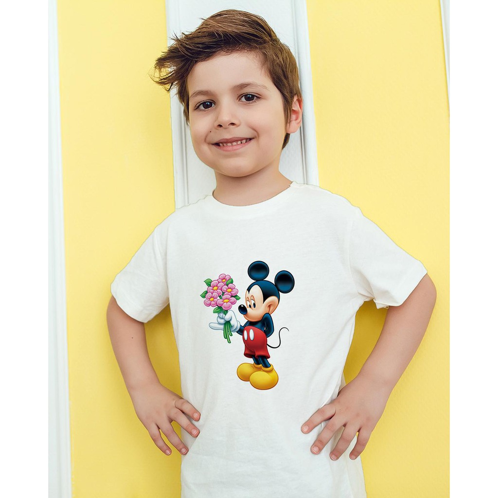 Áo thun Trẻ em in hình Mickey cầm hoa Cotton Thun - Dẽ Thương